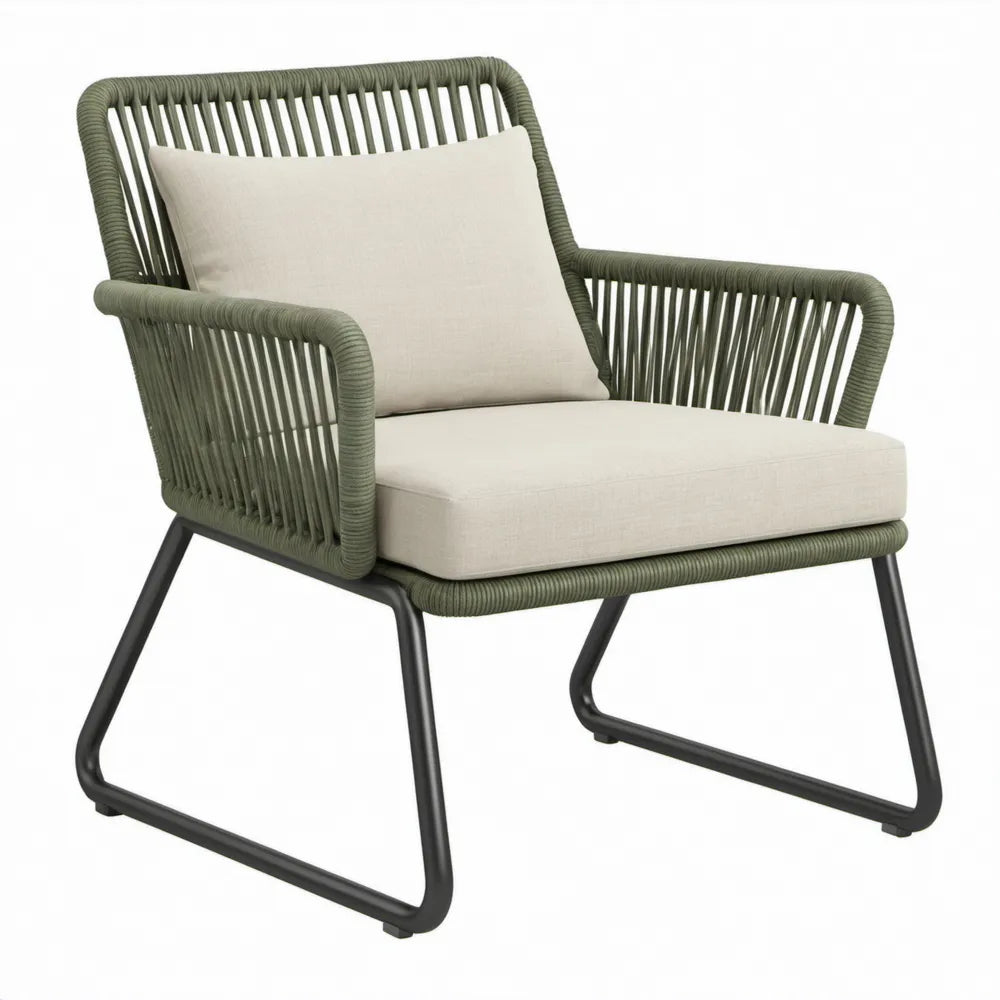 Olijfgroene fauteuil met beige kussens en zwart stalen onderstel, 75 x 78 x 83 cm