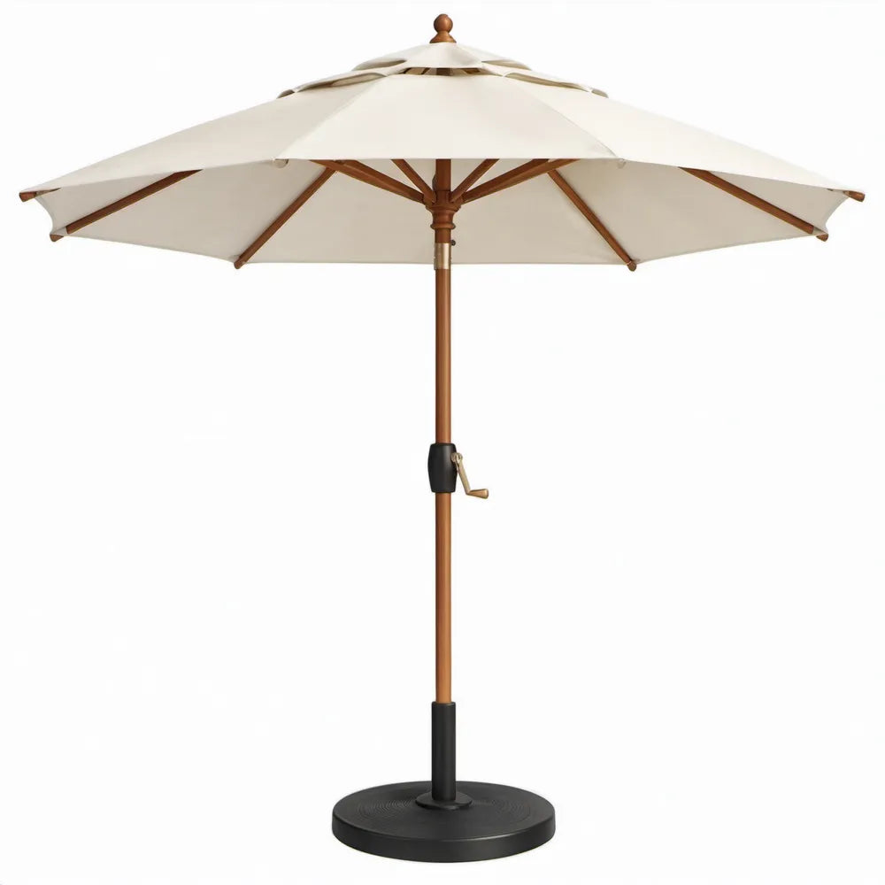 Achthoekige tuinparasol met voet Ø 300 cm, crème polyester en hardhout