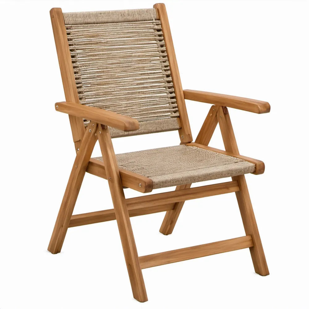 Inklapbaar acaciahouten frame met armleuningen en beige touw, 58 x 65 x 86 cm