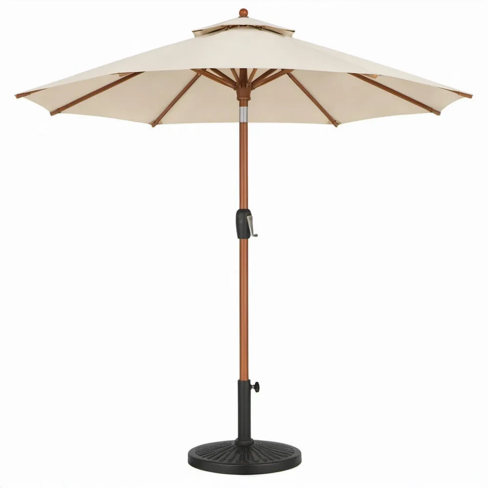 Ronde tuinparasol met voet Ø300 cm, 250 cm hoog, crème polyester en hout