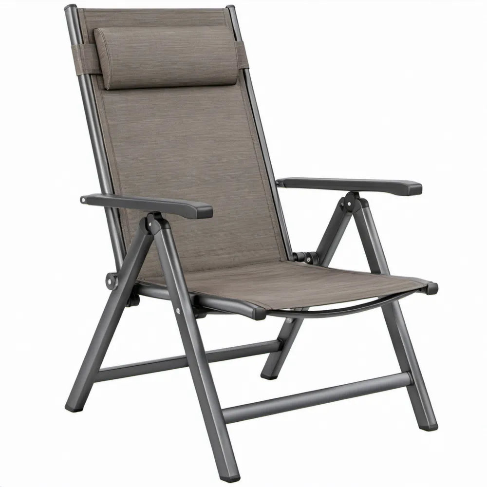 Verstelbare inklapbare stoel met armleuningen en hoofdsteun, 70 x 59 x 110 cm, taupe/antraciet