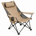 Opvouwbare campingstoel met hoofdsteun, bekerhouder en zijvak, beige/zwart, 90 x 60 x 100 cm