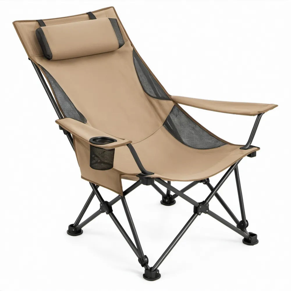 Opvouwbare campingstoel met hoofdsteun, bekerhouder en zijvak, beige/zwart, 90 x 60 x 100 cm