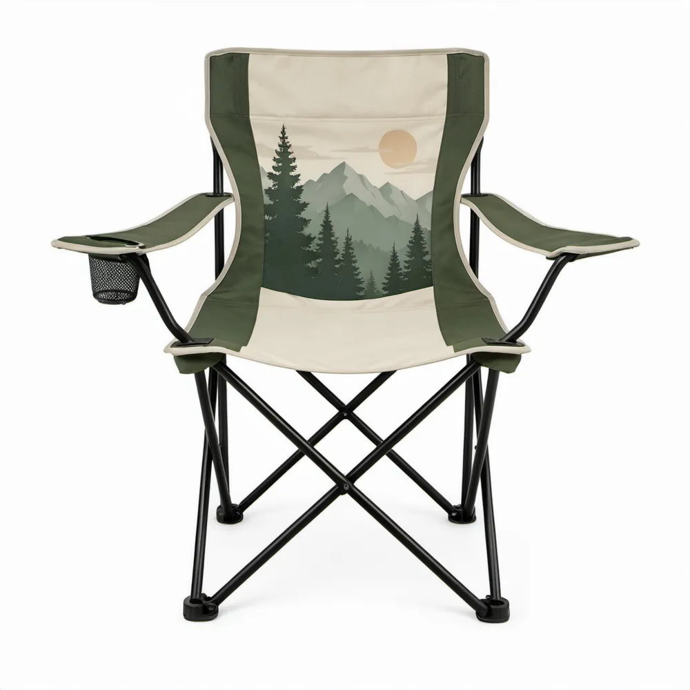 Inklapbare campingstoel met armleuningen, bekerhouder en bergprint - 90 x 60 x 110 cm - Groen/Crème/Zwart