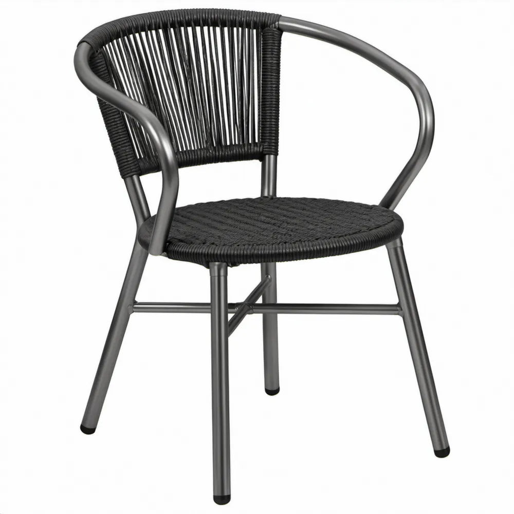 Zwarte stoel met armleuningen van polyethyleenrotan en gepoedercoat staal, 54 x 57 x 80 cm