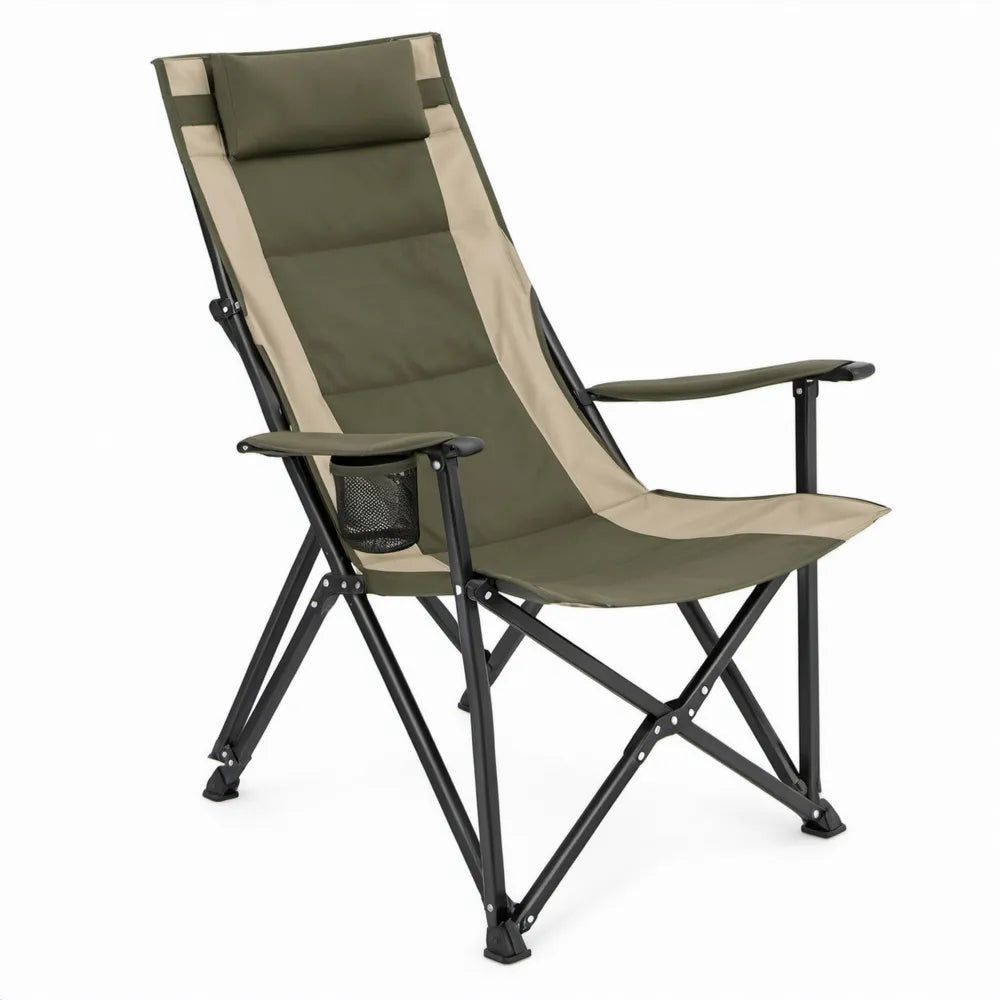 Opvouwbare campingstoel met verstelbare rugleuning, 60 x 75 x 110 cm, olijfgroen/beige/zwart