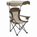 Opvouwbare campingstoel met verstelbaar zonnedak, bekerhouder en armleuningen – Beige/Donkerbruin – 60 x 50 x 110 cm