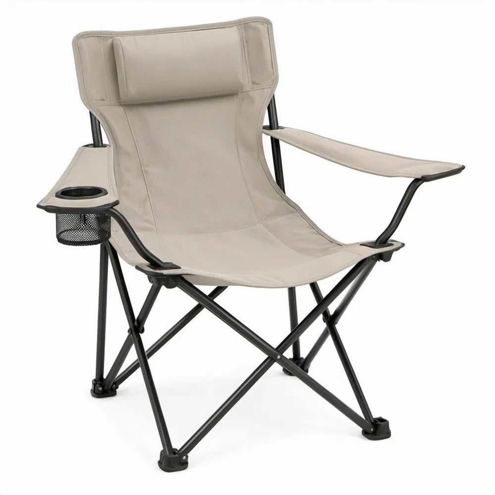 Inklapbare campingstoel met hoge rugleuning, hoofdsteun, bekerhouder en opbergvak – 88 x 60 x 92 cm – Beige/Zwart