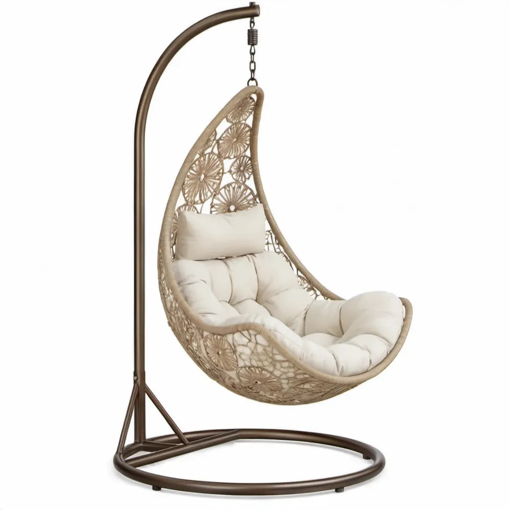 Hangstoel met Standaard 105 x 105 x 195 cm Taupe PE-rattan en Staal met Beige Kussens