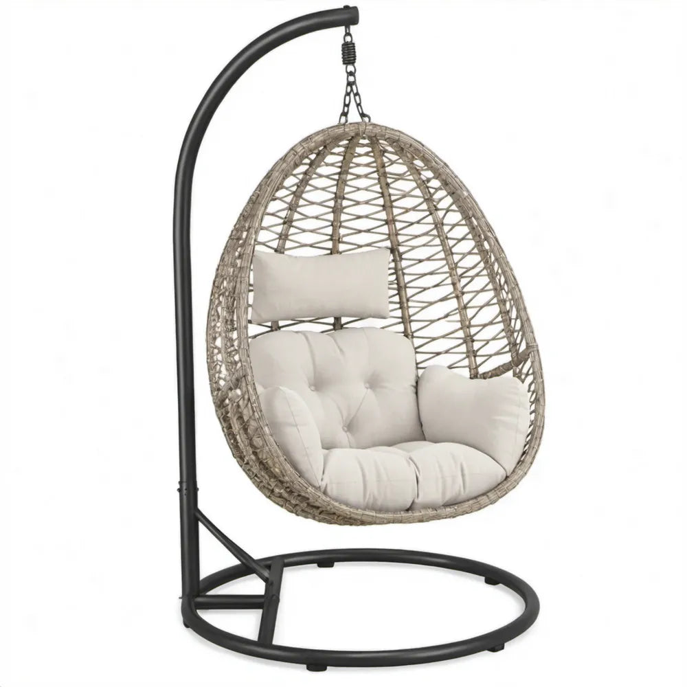 Ovale hangstoel met standaard van PE-rattan en staal, beige/zwart/crème, 95 x 95 x 195 cm
