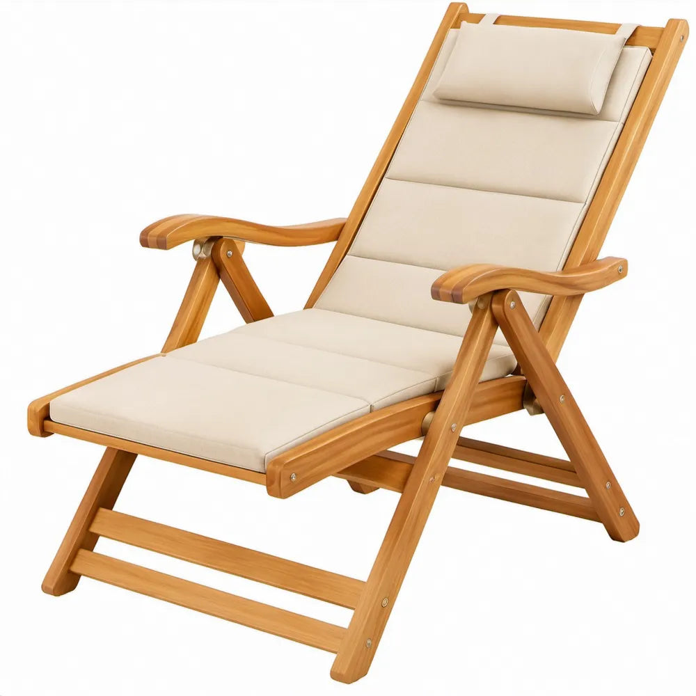 Opvouwbare verstelbare tuinstoel met crème kussens, 92 x 60 x 110 cm, massief acaciahout
