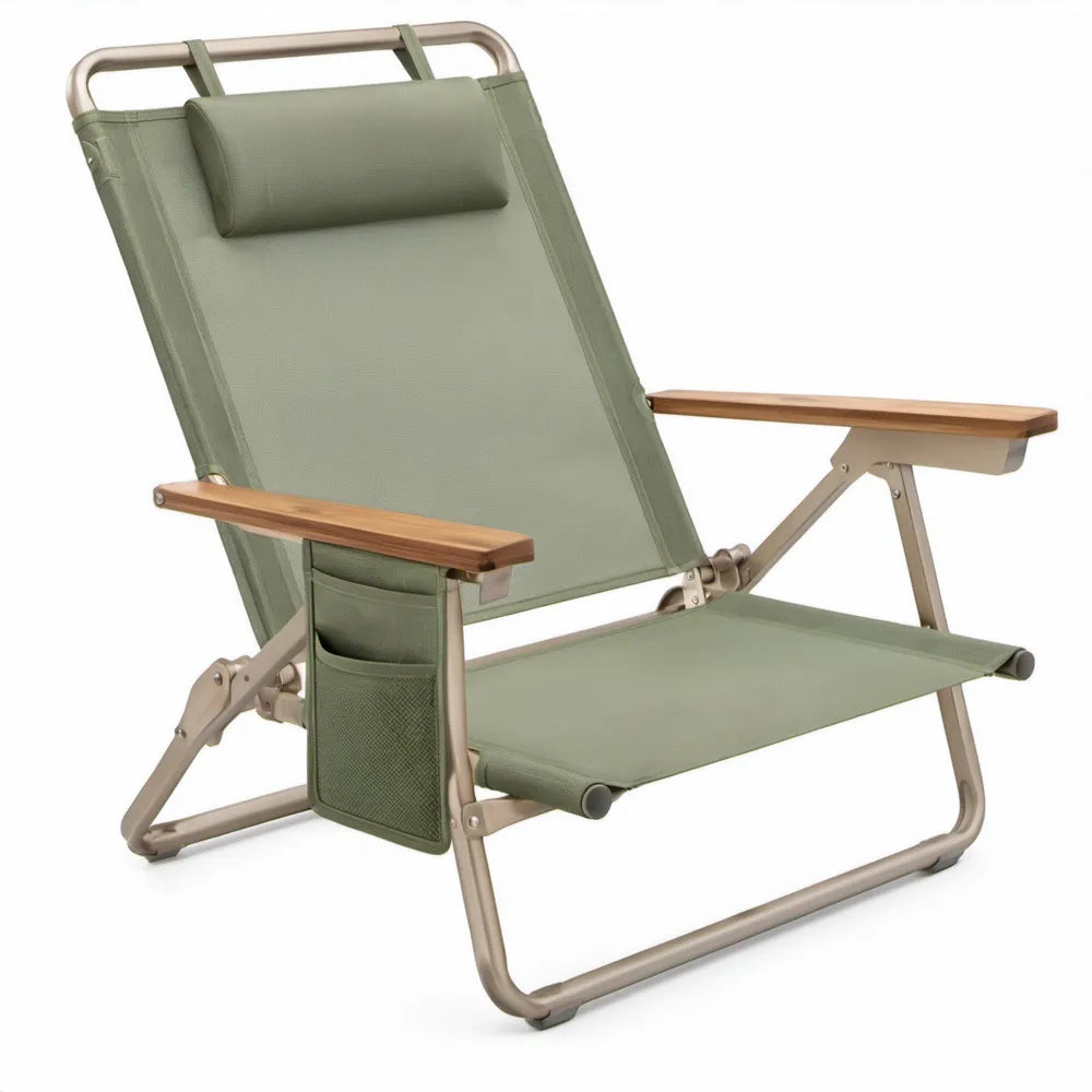 Inklapbare verstelbare campingstoel met hoofdsteun en armleuningen, groen/beige/bruin, 92 x 62 x 78 cm