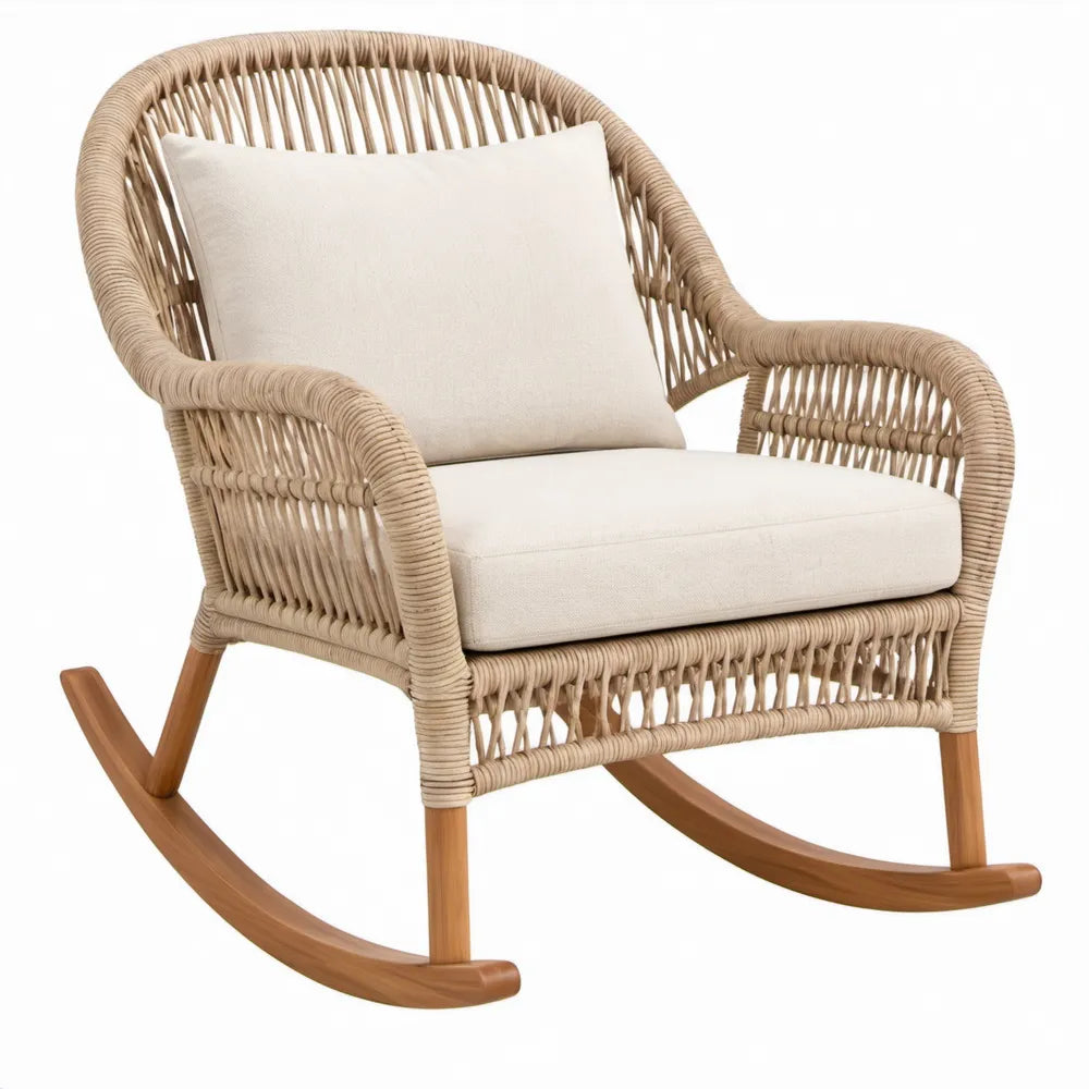 Schommelstoel 88 x 70 x 100 cm van naturel PE-rotan met crèmekleurige kussens