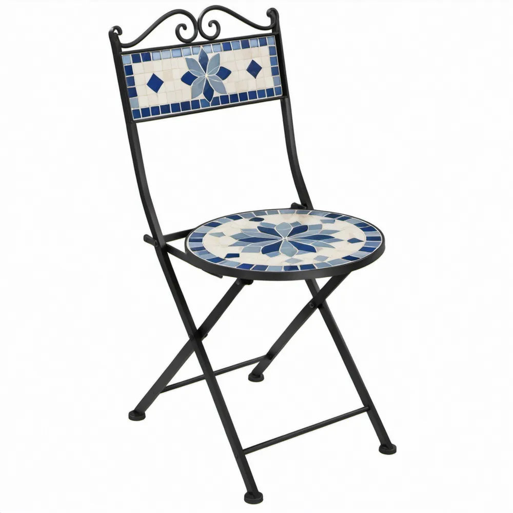 Opklapbare metalen tuinstoel met blauw-wit keramisch mozaïek, 39 x 52 x 94 cm