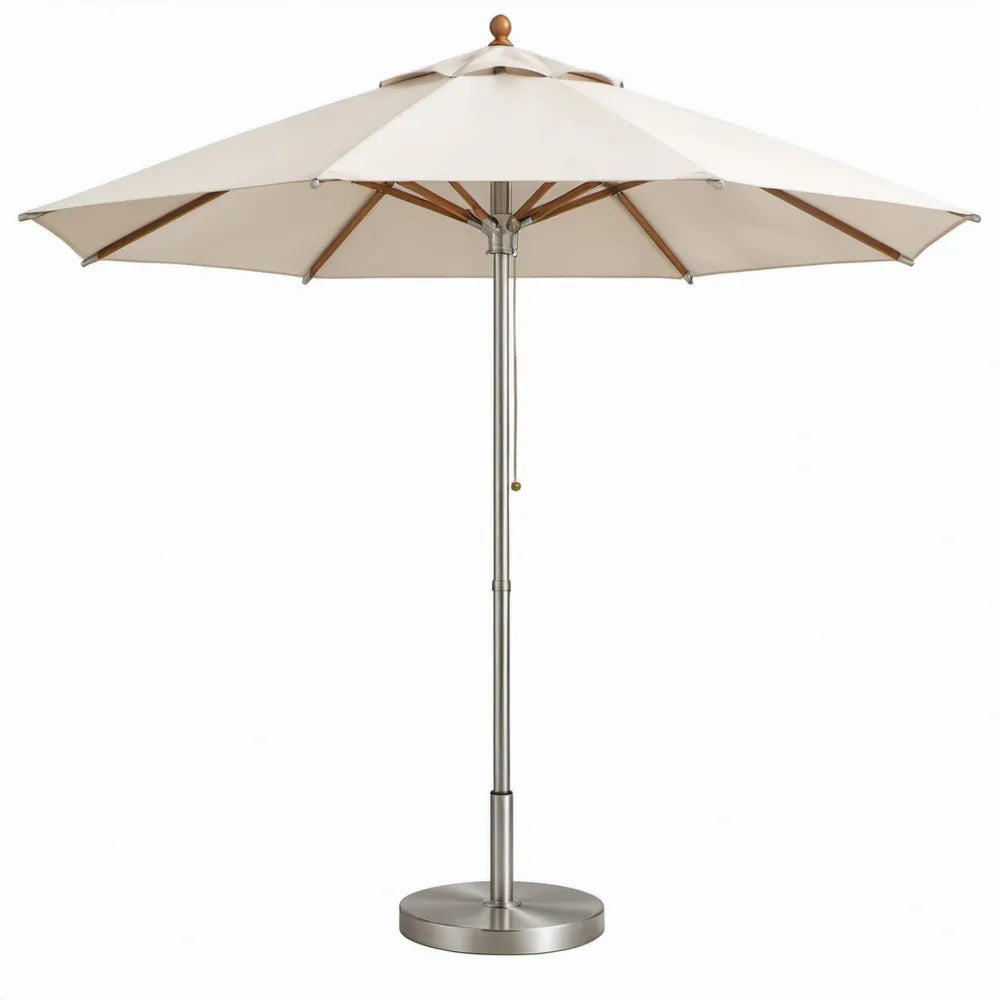 Ronde parasol met voet Ø 300 cm, crème polyester, roestvrij staal en hardhout