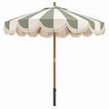 Ronde tuinparasol Ø 240 cm Groen/Wit gestreept met beige franjes, houten paal, hoogte 230 cm