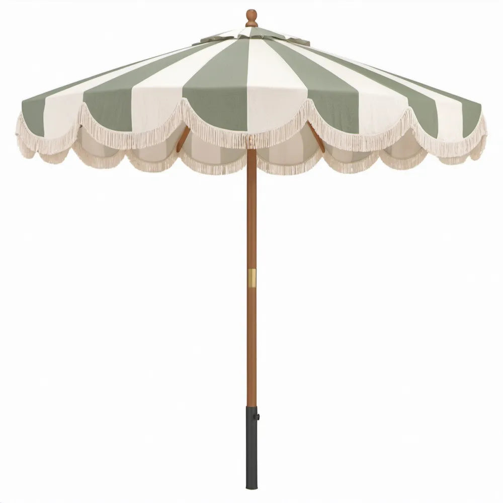 Ronde tuinparasol Ø 240 cm Groen/Wit gestreept met beige franjes, houten paal, hoogte 230 cm