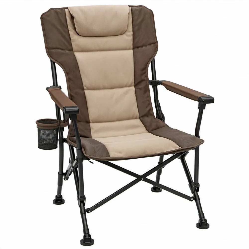 Opvouwbare campingstoel met hoge rugleuning, bekerhouder en armleuningen 60 x 90 x 110 cm Bruin/Beige/Zwart