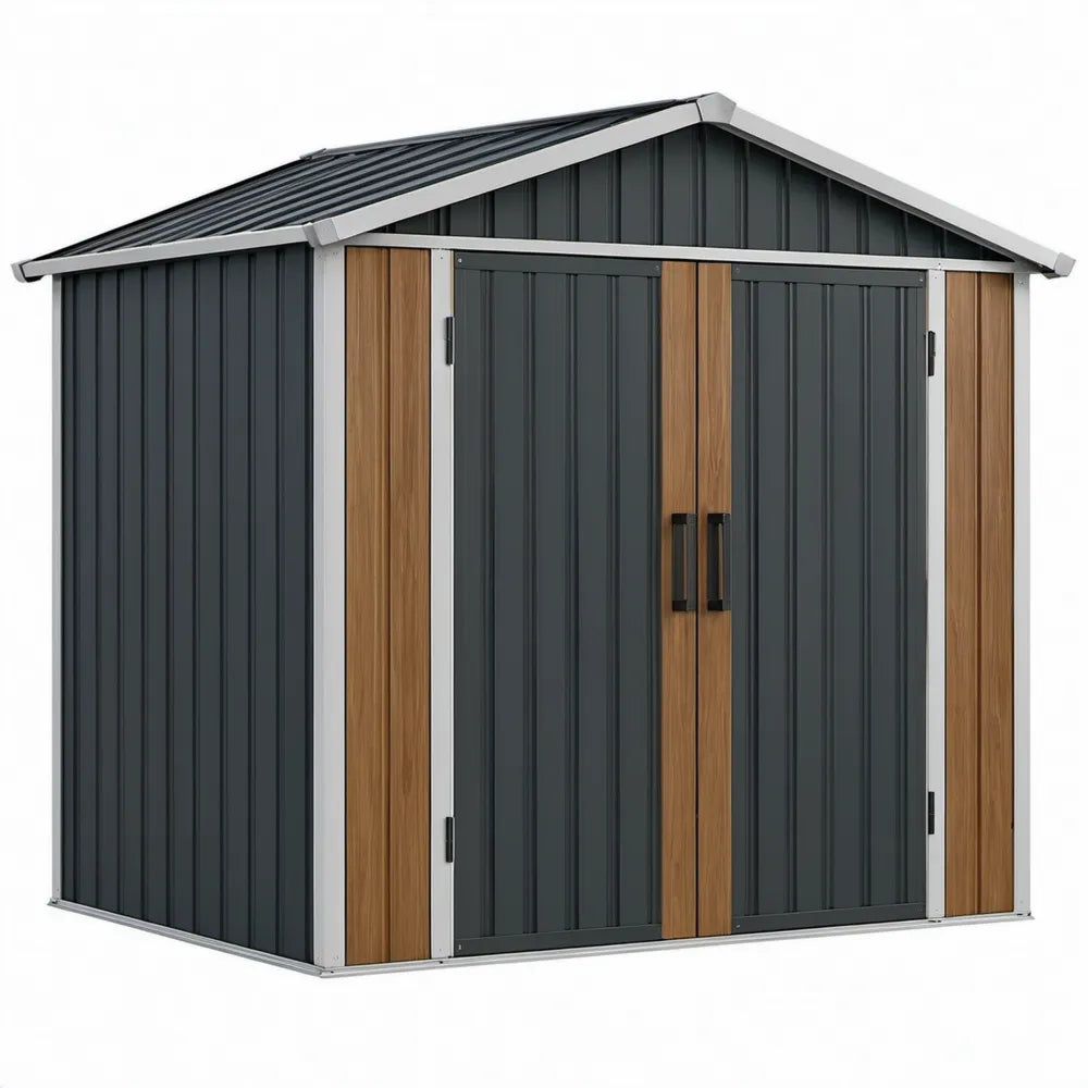 Metalen tuinhuis met dubbele deuren, 213 x 130 x 185 cm, antraciet/bruin/zilver
