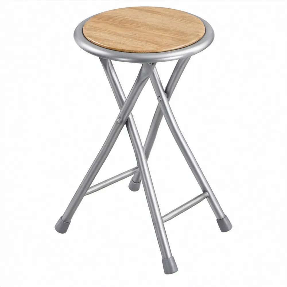 Inklapbare kruk met rond houten zitvlak, 30 x 30 x 45 cm, zilver/naturel
