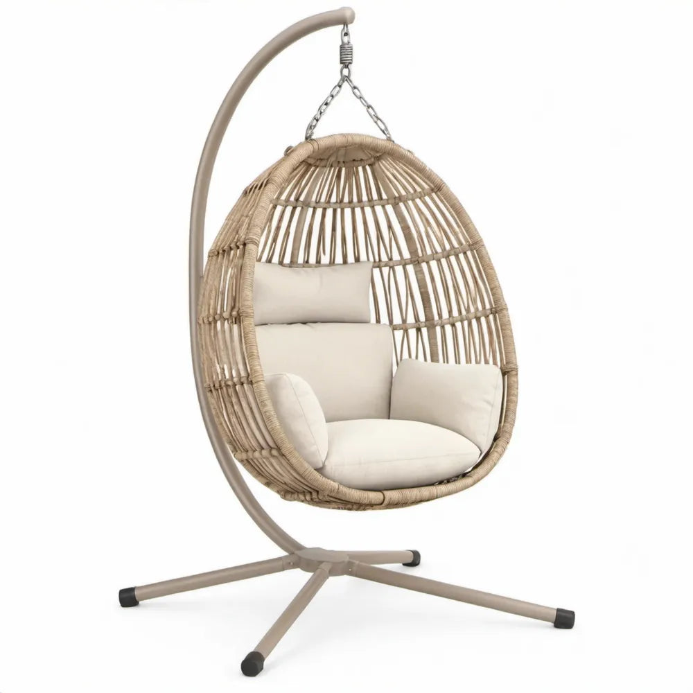 Eivormige hangstoel met standaard 105 x 105 x 195 cm Beige/Crème, staal en PE-rattan met kussens