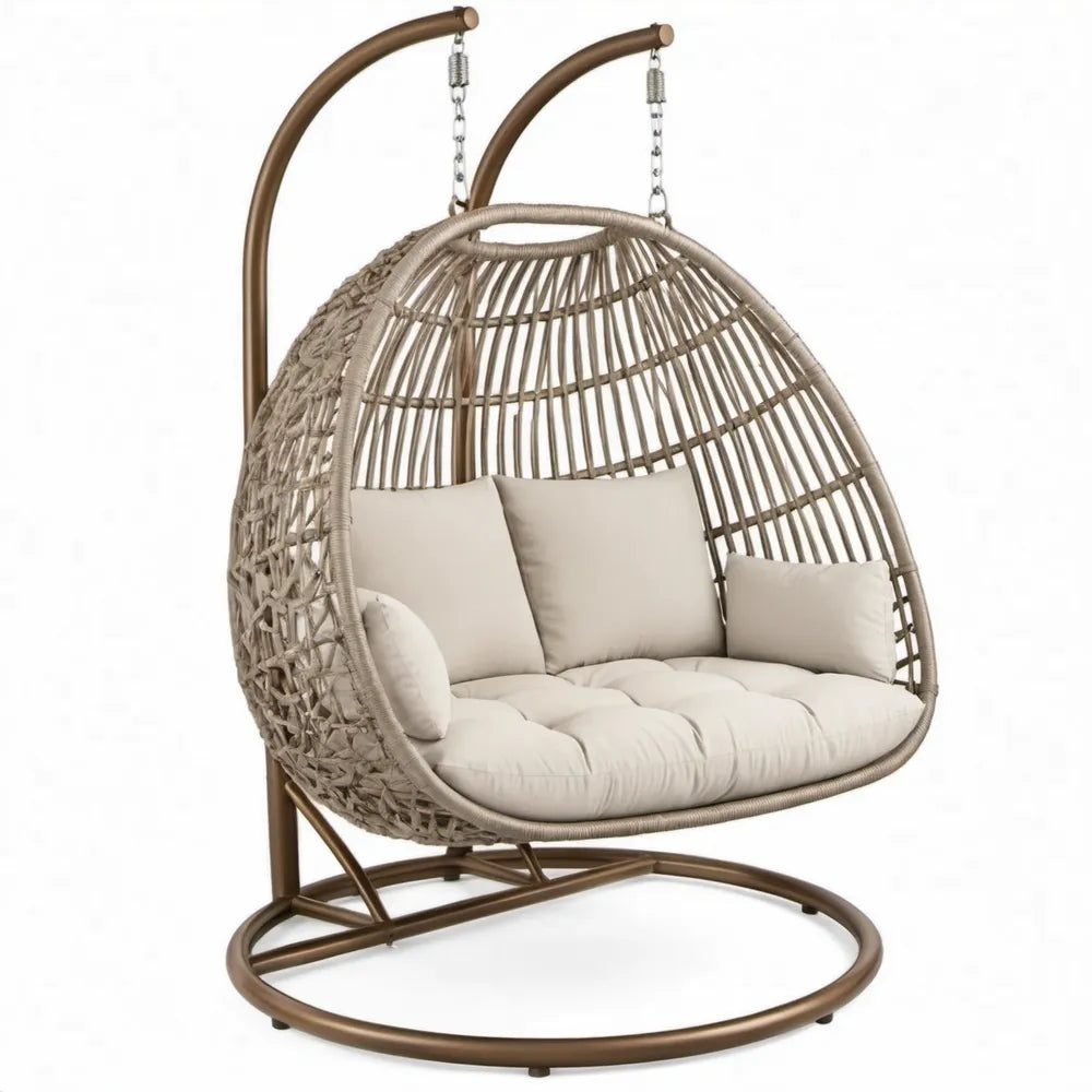 Hangstoel voor 2 personen met standaard, 198 x 130 x 110 cm, taupebruin en beige