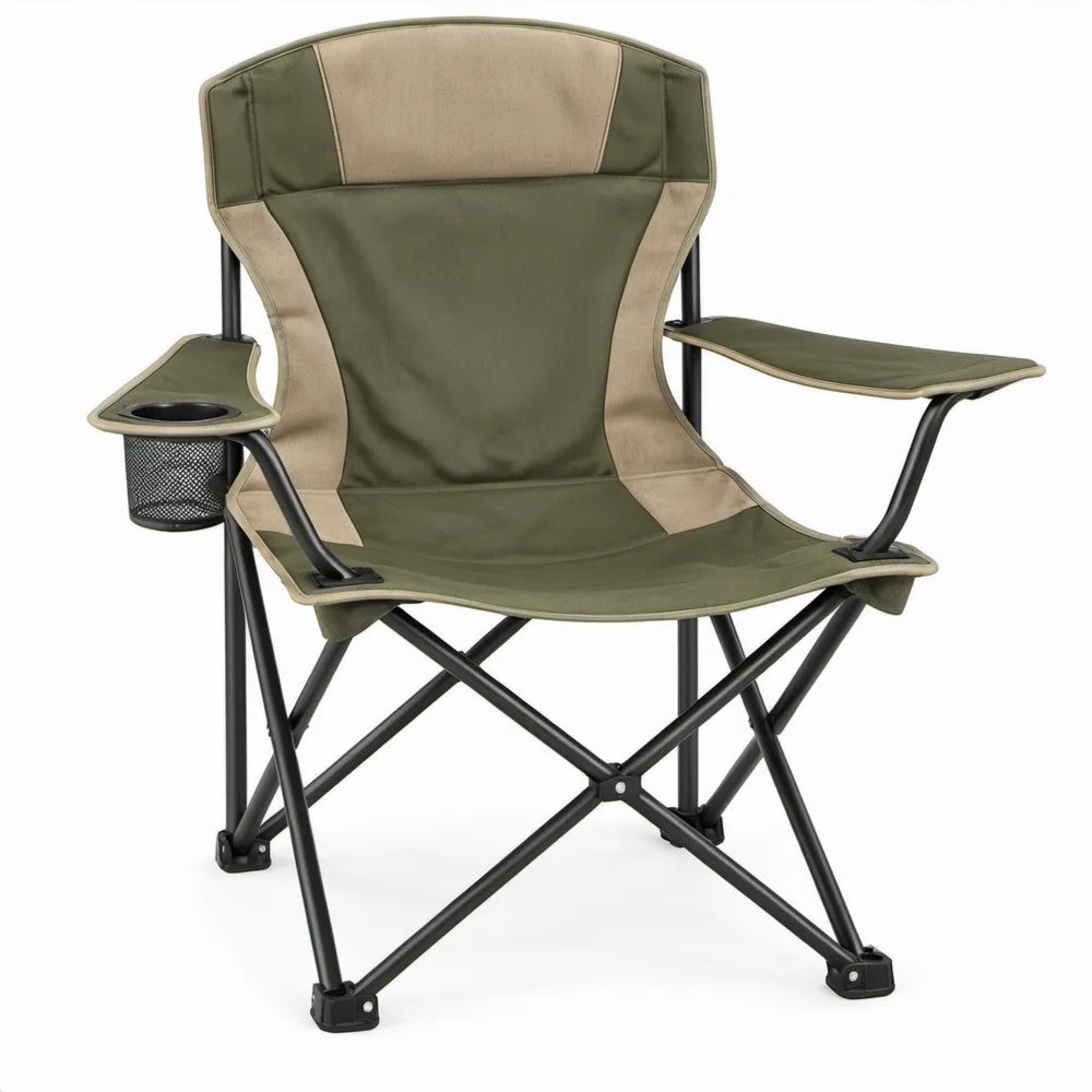 Opvouwbare campingstoel met hoge rugleuning, armleuningen, bekerhouder en opbergnet, 60 x 60 x 100 cm, Groen/Beige/Zwart