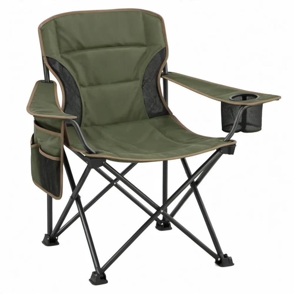 Inklapbare groene campingstoel met bekerhouder en opbergvakken, 60 x 55 x 95 cm