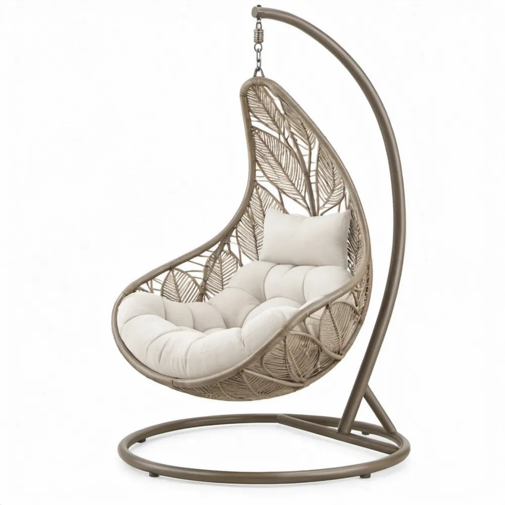Eivormige hangstoel met standaard 105 x 105 x 195 cm taupe en crème