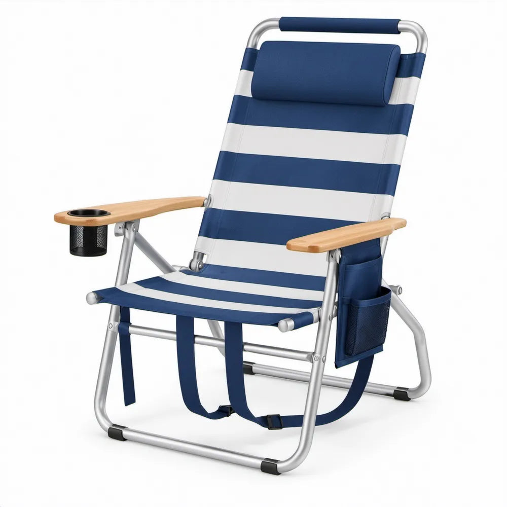 Opvouwbare strandstoel met rugzakriemen, hoofdsteun en bekerhouder, 58 x 63 x 80 cm, blauw/wit